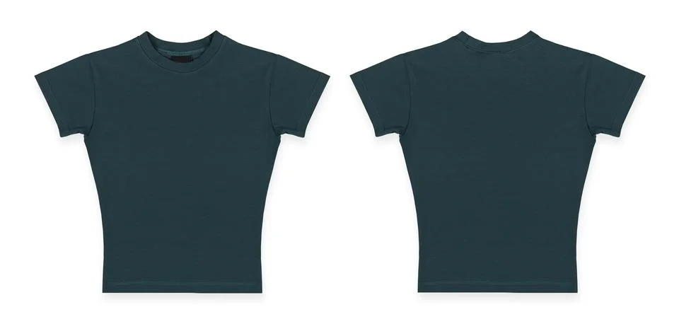Set of two dark green emerald short slim female cotton t-shirt, mockup, front Stock Photos