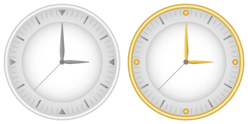 Set of two dials with gray clock hands and gold. Vector Stock Illustration
