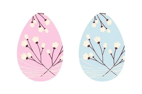 Set of two Easter eggs with pattern of cherry branches entangled with thin Stock Illustration