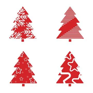 Set of two Festive red trees with stripes, stars, and snowflake patterns. C.. Stock Illustration