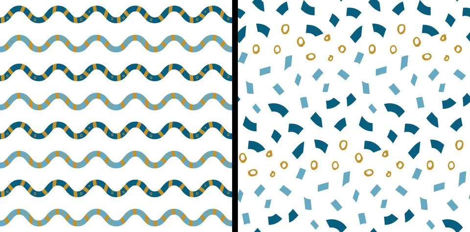 Set of two festive seamless patterns. Blue geometric zigzag ribbon line, gold 스톡 일러스트