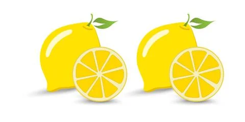 Set of two fresh, bright yellow lemons are paired with a neatly sliced half.. Stock Illustration