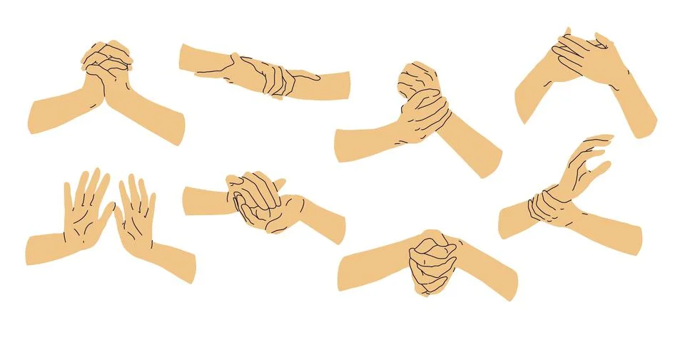 Set of two hands to hold, touch. Interaction. Different positions Illustrazione stock