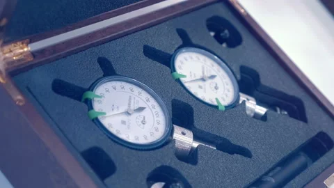 A set of two high-quality, accurate pointer micrometers and accessories for them Stock Footage 218009156