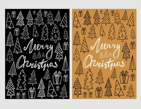 Set of two holiday card template with hand drawn Christmas trees and letter.. Stock Illustration