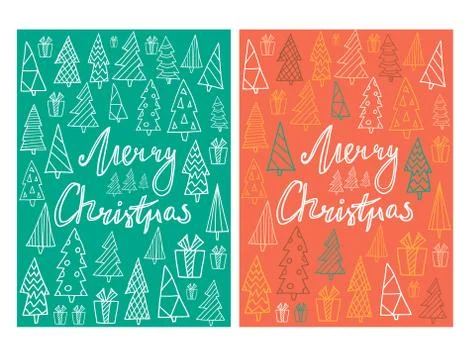 Set of two holiday card template with hand drawn Christmas trees and letter.. Stock Illustration