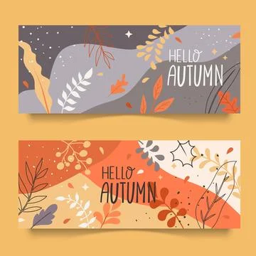 Set of two horizontal banners in warm colors with falling colorful autumn l.. Stock Illustration