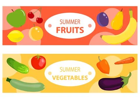 A set of two horizontal fruit and vegetable banners. Two horizontal banners. Stock Illustration