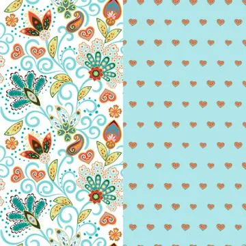Set of two horizontal seamless floral pattern with paisley and fantasy flowers Stock Illustration