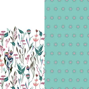 Set of two horizontal seamless floral pattern with paisley and fantasy flowers Stock Illustration