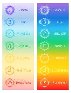 Set of two illustration of seven chakra symbols with grunge elements on a col Stock Illustration