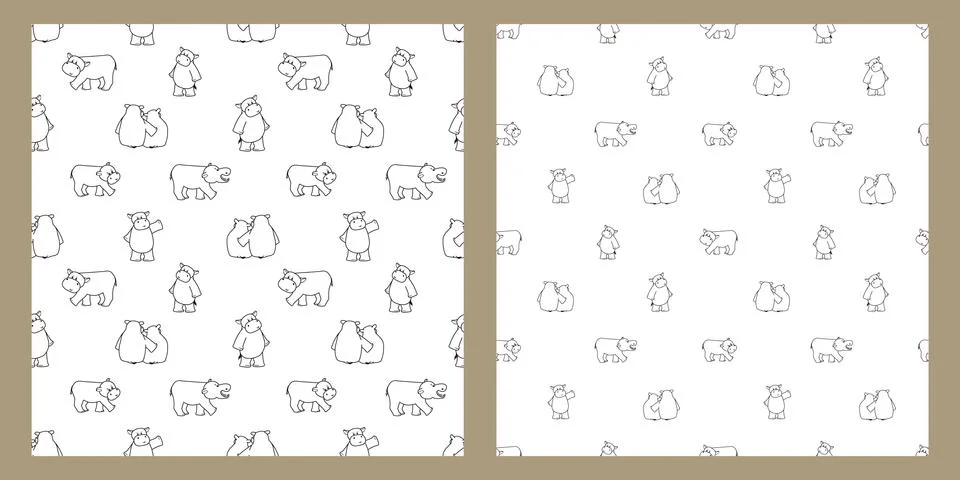 Set of two images with different spaces between animals. Black white outline  Stock Illustration
