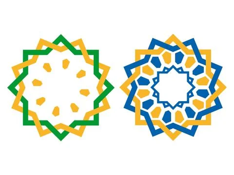 Set of Two Intricate Islamic Geometric Patterns in Green, Blue, and Yellow Stock Illustration