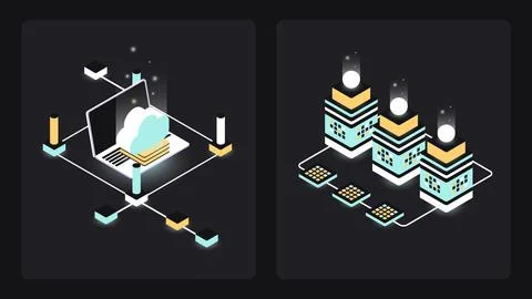 Set of two Isometric Blockchain Illustrations. Digital Money, FinTech Collage Stock Illustration
