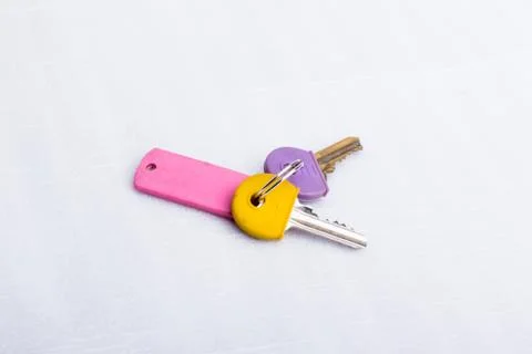 A set of two keys, on a key ring, on a white surface Stock Photos