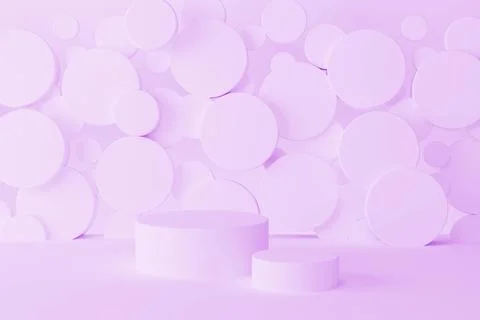 Set of two light purple round podiums on abstract stage mockup, flying circle Stock Photos
