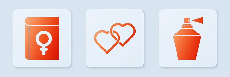 Set Two Linked Hearts, Book about women and Perfume. White square button. Vector Stock Illustration