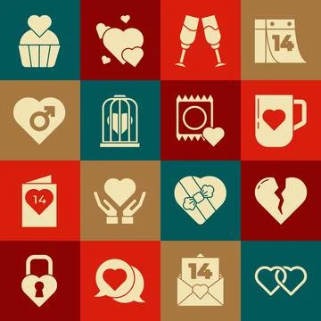 Set Two Linked Hearts, Broken heart or divorce, Coffee cup and, Glass champagne Stock-Illustration