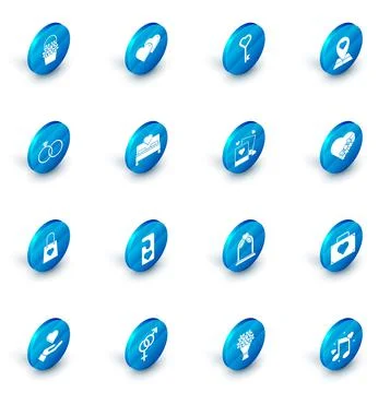 Set Two Linked Hearts, Key heart shape, Map pointer with, Wedding rings Illustrazione stock