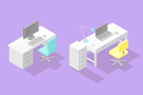 Set of two low poly isometric work places Stock Illustration