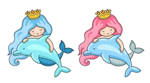 Set of two mermaids with dolphins. Stock Illustration