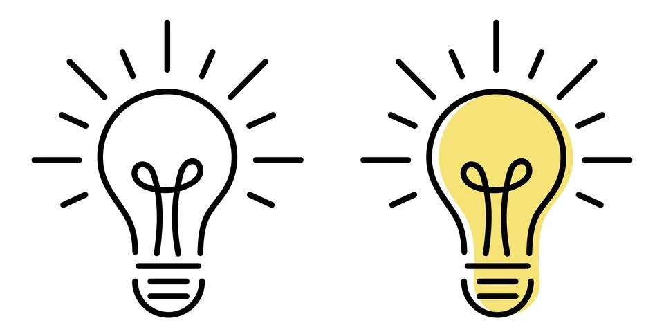 Set of two minimalist vector line art light bulb icons, isolated on white b.. 스톡 일러스트