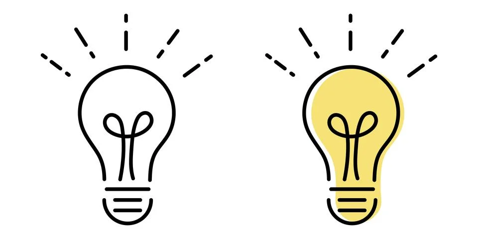 Set of two minimalist vector line art light bulb icons, isolated on white bac Illustrazione stock