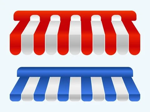 Set of Two Modern Striped Store Awnings in Classic Red and Blue Colors for .. Stock Illustration