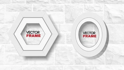 Set of two modern white frames hexagon and oval on white brick wall - vector  Stock Illustration