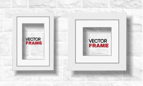 Set of two modern white picture frames hanged on white brick wall - rectangul Stock Illustration