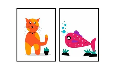 Set of two nursery wall art. Kids wall decor. Animal wall decorations. Stock Illustration