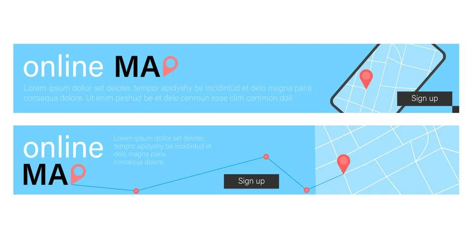 Set of two online map banners in blue design イラスト素材