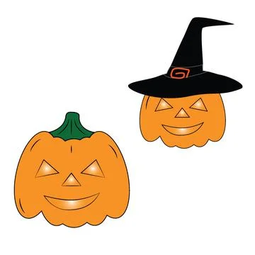 A set of two orange Halloween pumpkins with festive elements such as glowing Stock Illustration