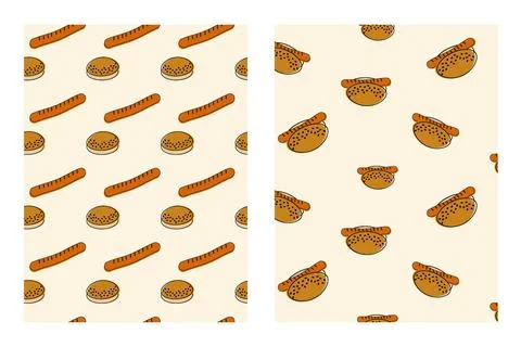 Set of two patterns with the image of a hot dog, sesame buns and grilled Illustrazione stock