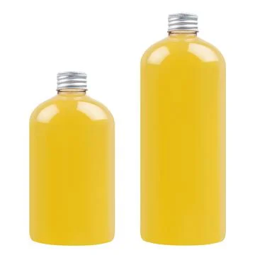 Set of two plastic tall and low bottles with orange drink, cooking oil or cos Stock Photos