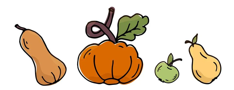 Set two pumpkins orange apples green and yellow pear Stock Illustration