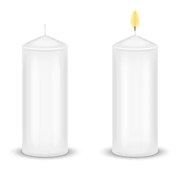 Set of two realistic blank white wax pillar candles realistic 3d vector moc.. Illustrazione stock