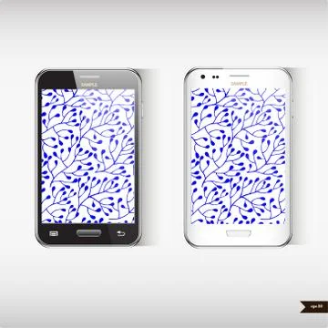 Set of two Realistic mobile phone with blue floral background Stock Illustration