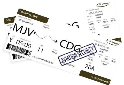 Set of two red boarding pass tickets over white background. Ilustração Stock