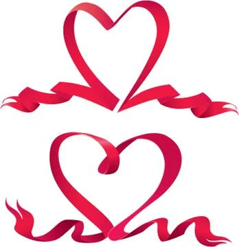 Set of two red ribbons are made in heart shape. Illustrazione stock
