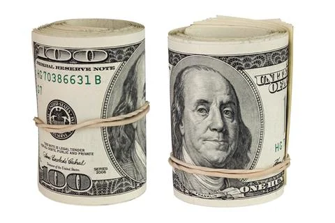 Set of two rolls of hundred us dollars standing up and isolated on white ba.. Stock Photos