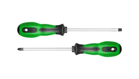 A set of two screwdrivers, flat and Phillips, with ergonomic Green handles su Stock Photos
