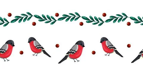 Set of Two Seamless Borders with Green Twigs and Bullfinch Birds Illustrazione stock