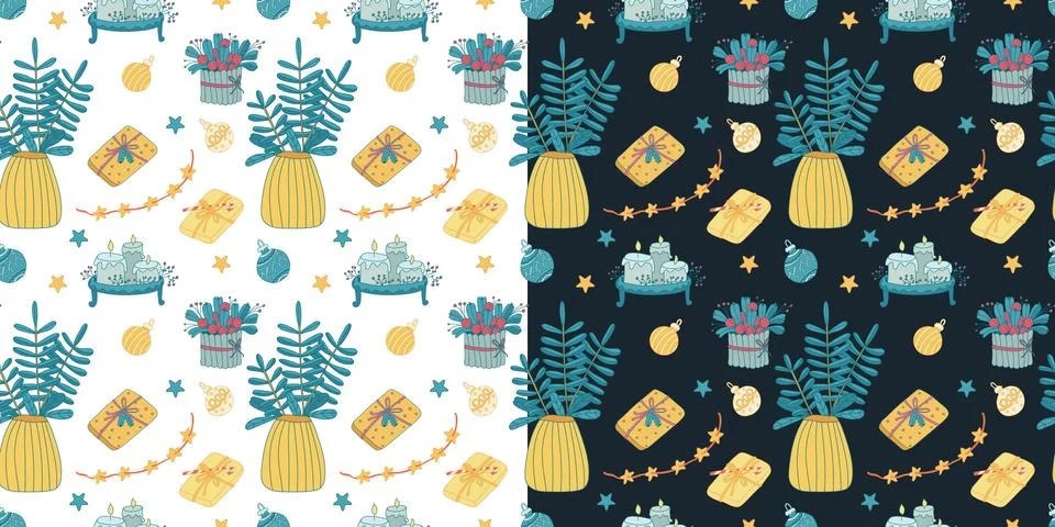 Set with two seamless patterns with Christmas decorations. Stock Illustration