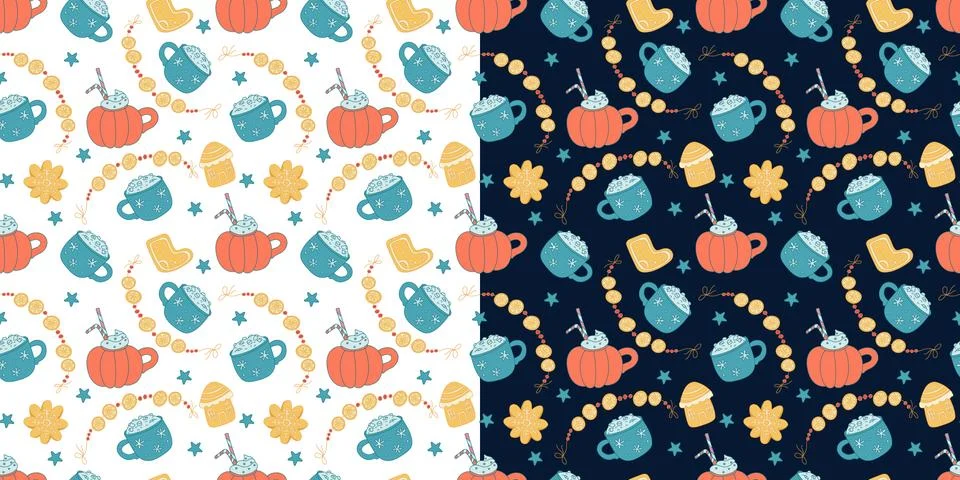 Set with two seamless patterns with Christmas gingerbreads and hot drinks. Stock Illustration