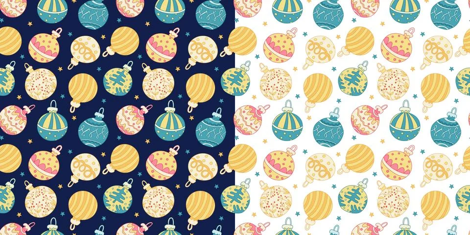 Set with two seamless patterns with colorful Christmas baubles. Stock Illustration