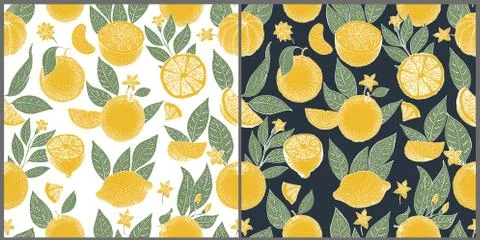 Set of two seamless patterns with hand drawn oranges and slices in sketch style Stock Illustration