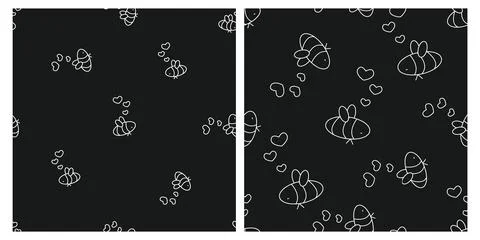 Set of two seamless repeat patterns. Gray and white isolated bees are in love Stock Illustration