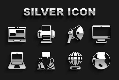 Set Two sitting men talking, Computer monitor, Earth globe, Worldwide, Laptop Stock Illustration