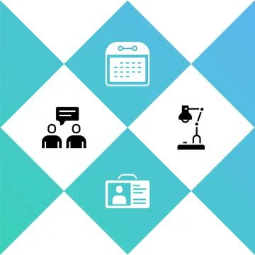 Set Two sitting men talking, Identification badge, Calendar and Table lamp icon Illustrazione stock